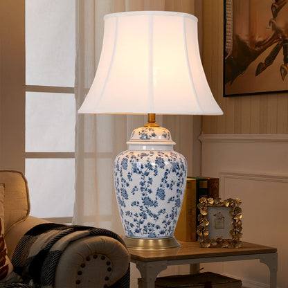 Lightsin Blue Floral Ceramic Table Lamp with Fabric Shade and Brass Base - House Comfort