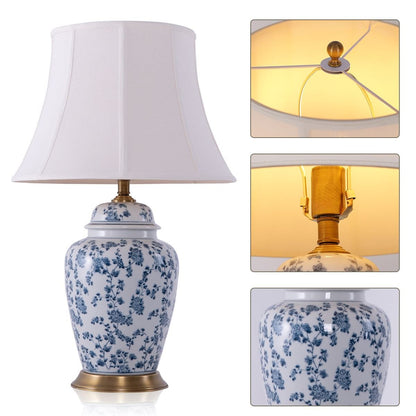 Lightsin Blue Floral Ceramic Table Lamp with Fabric Shade and Brass Base - House Comfort