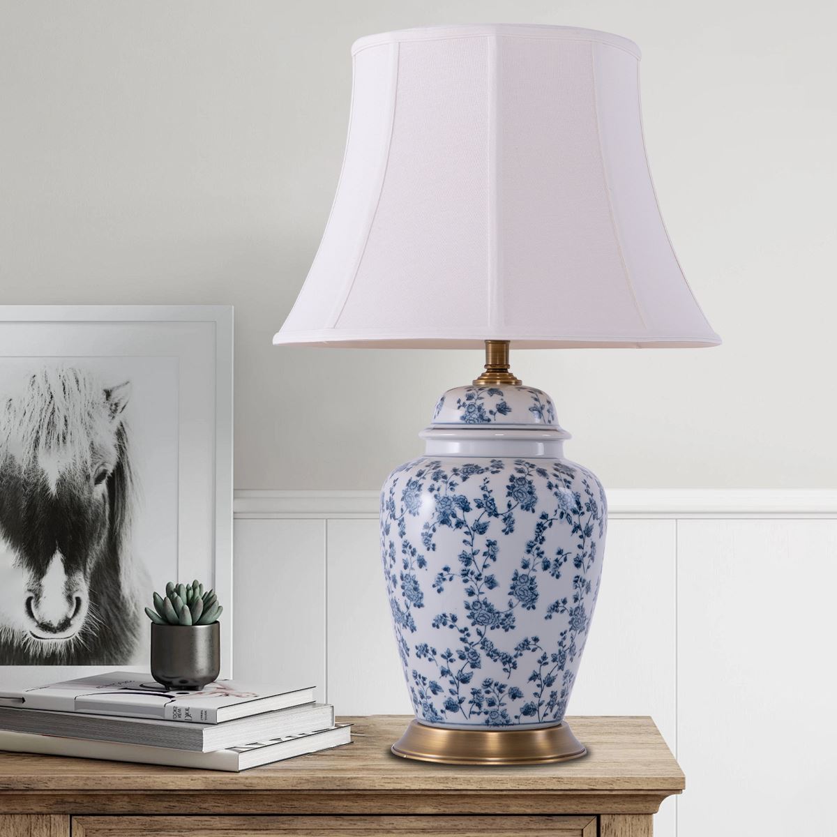 Lightsin Blue Floral Ceramic Table Lamp with Fabric Shade and Brass Base - House Comfort