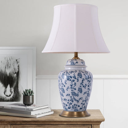 Lightsin Blue Floral Ceramic Table Lamp with Fabric Shade and Brass Base - House Comfort