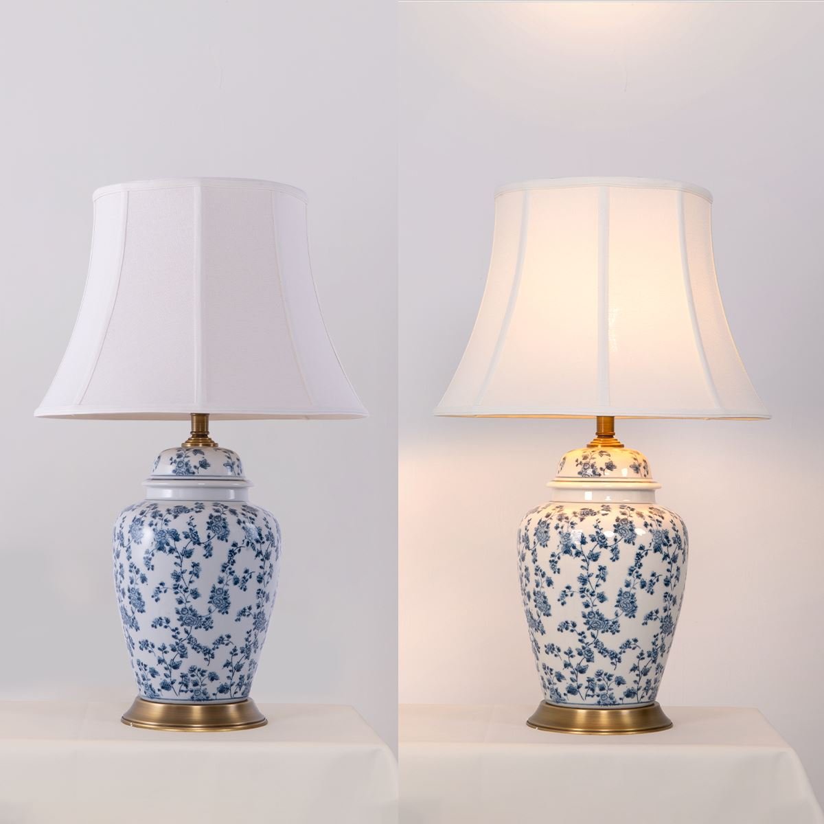 Lightsin Blue Floral Ceramic Table Lamp with Fabric Shade and Brass Base - House Comfort
