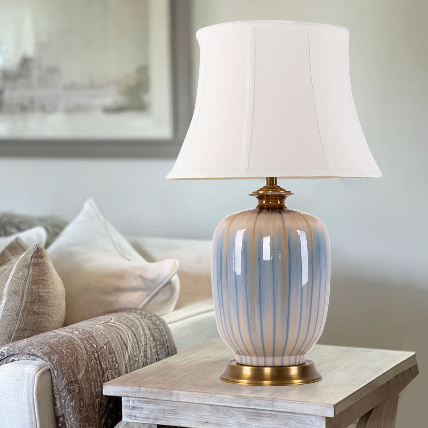 Lightsin Ceramic Table Lamp Artisan Blue Brushed Glaze Decorative Lighting - House Comfort