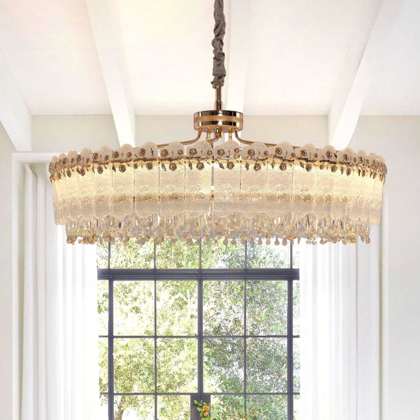 Lightsin Contemporary Crystal Pendant Light Oval and Round Dimmable Ceiling Fixture for Living Room and Hall - House Comfort