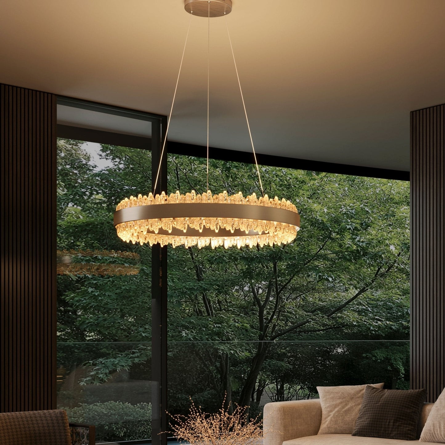 Lightsin Crystal LED Pendant Light Gold Circular Chandelier with Crystal Edges - House Comfort