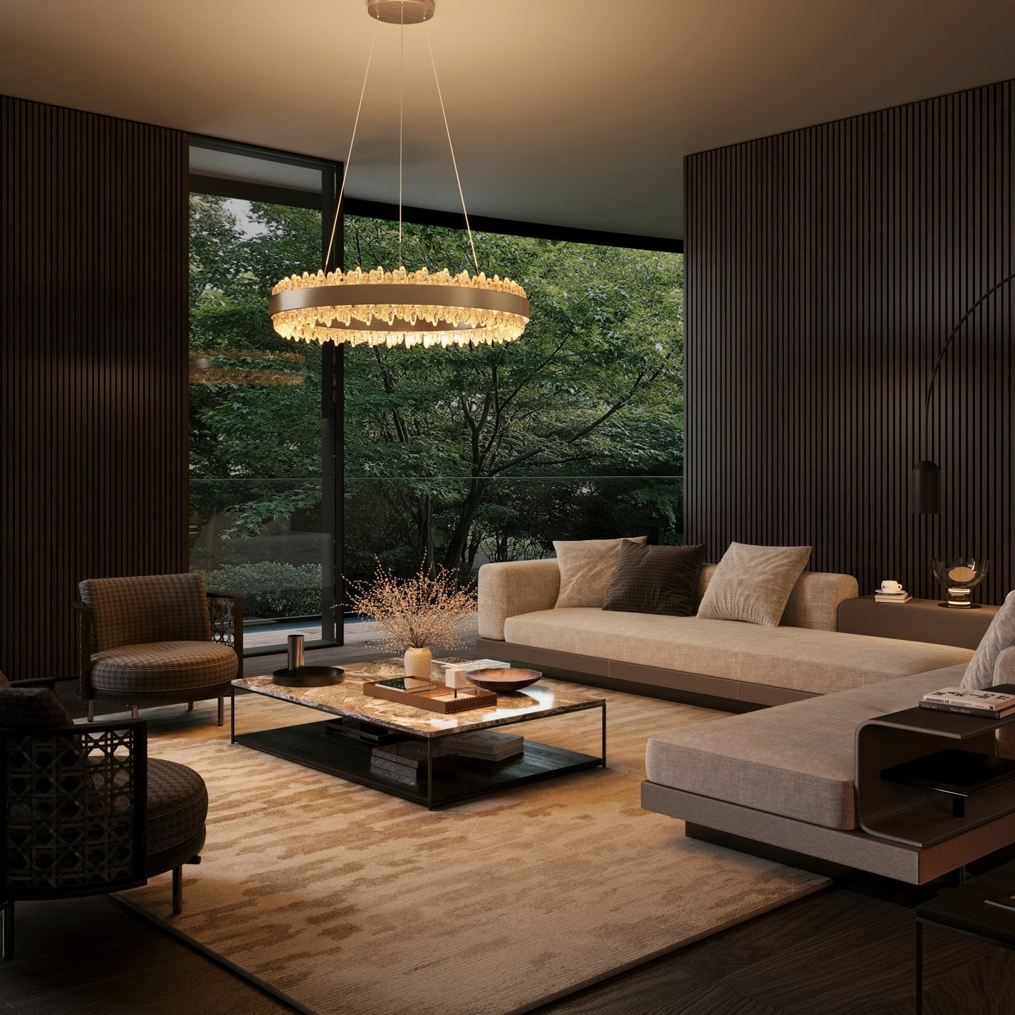 Lightsin Crystal LED Pendant Light Gold Circular Chandelier with Crystal Edges - House Comfort