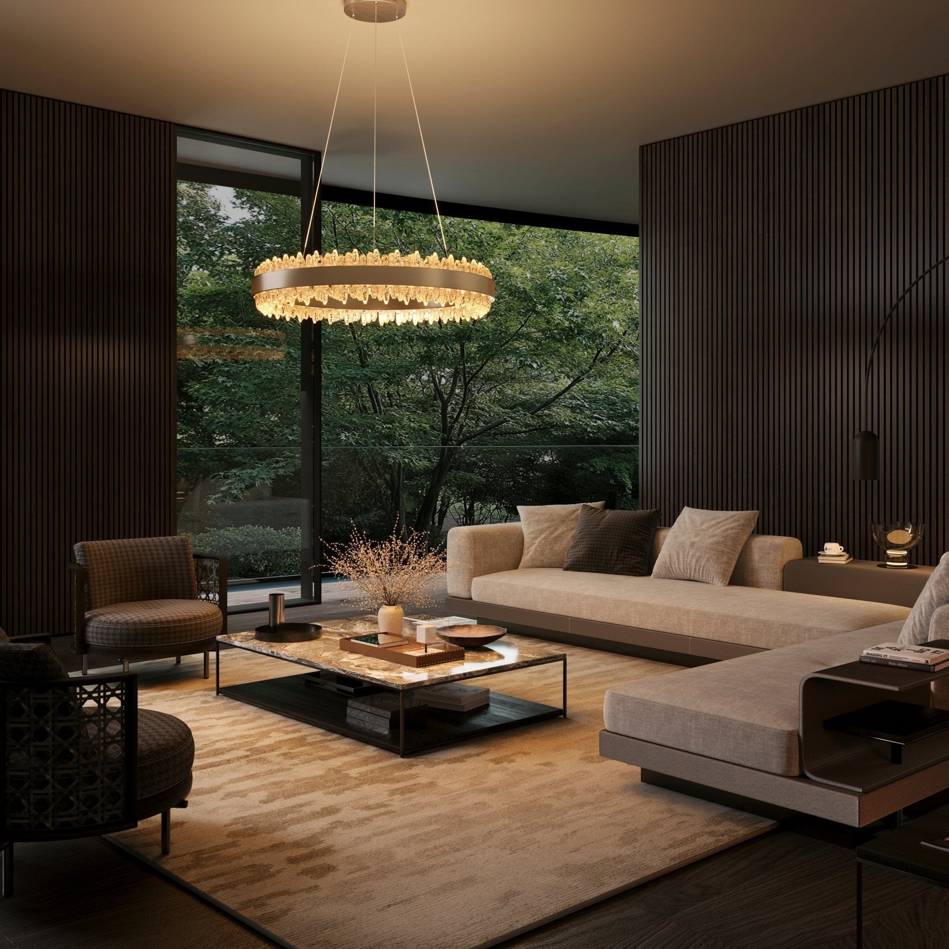 Lightsin Crystal LED Pendant Light Gold Circular Chandelier with Crystal Edges - House Comfort