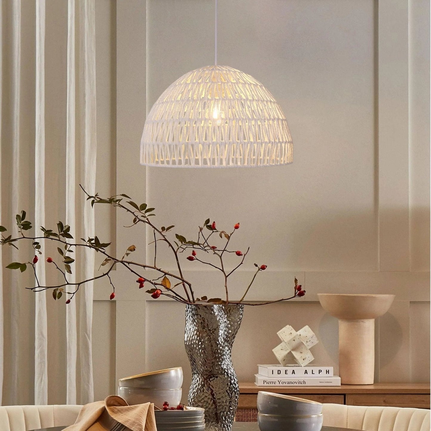 Lightsin Eco - Friendly Handwoven White Rope Ceiling Pendant Light for Bedroom, Kitchen & Living Room - House Comfort