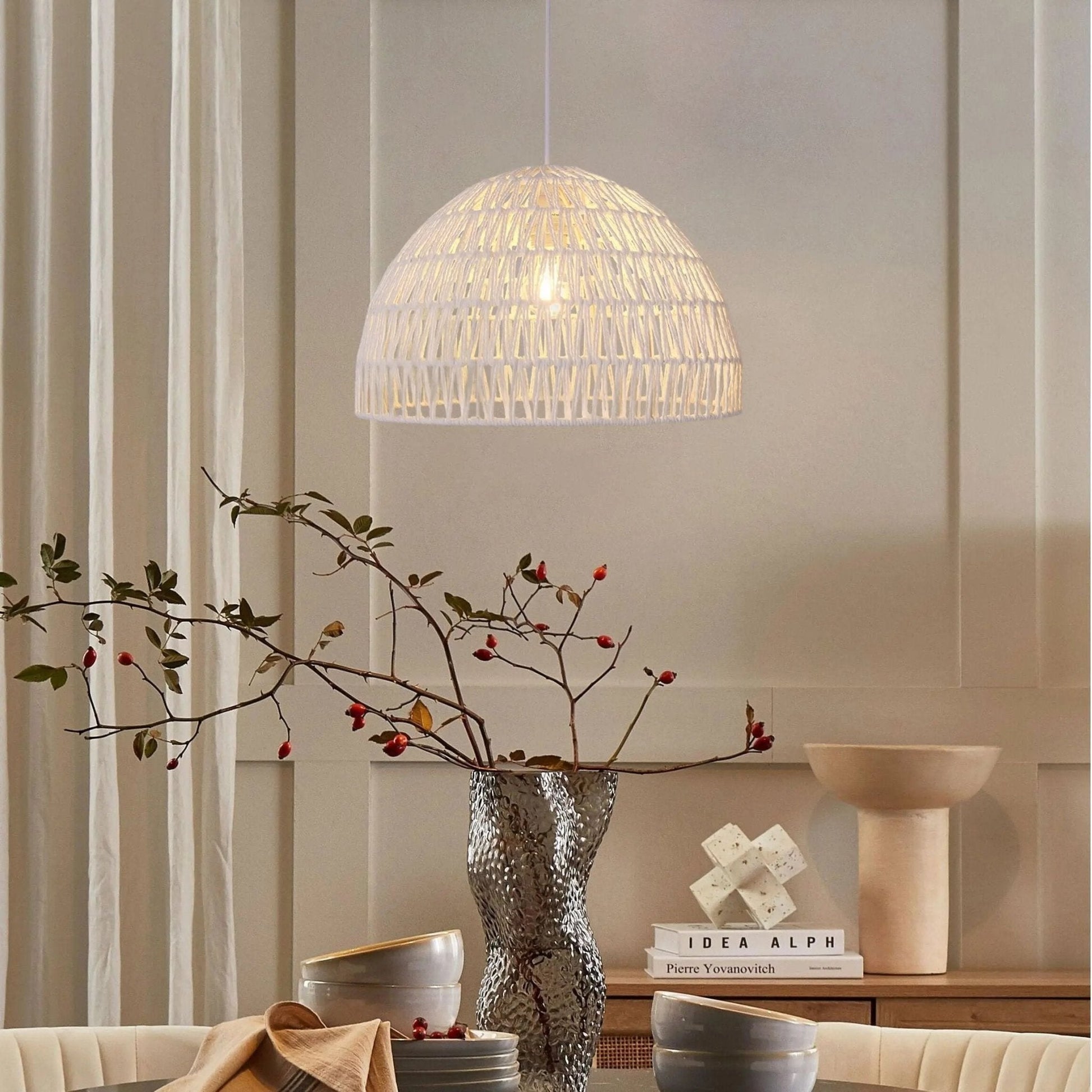 Lightsin Eco - Friendly Handwoven White Rope Ceiling Pendant Light for Bedroom, Kitchen & Living Room - House Comfort