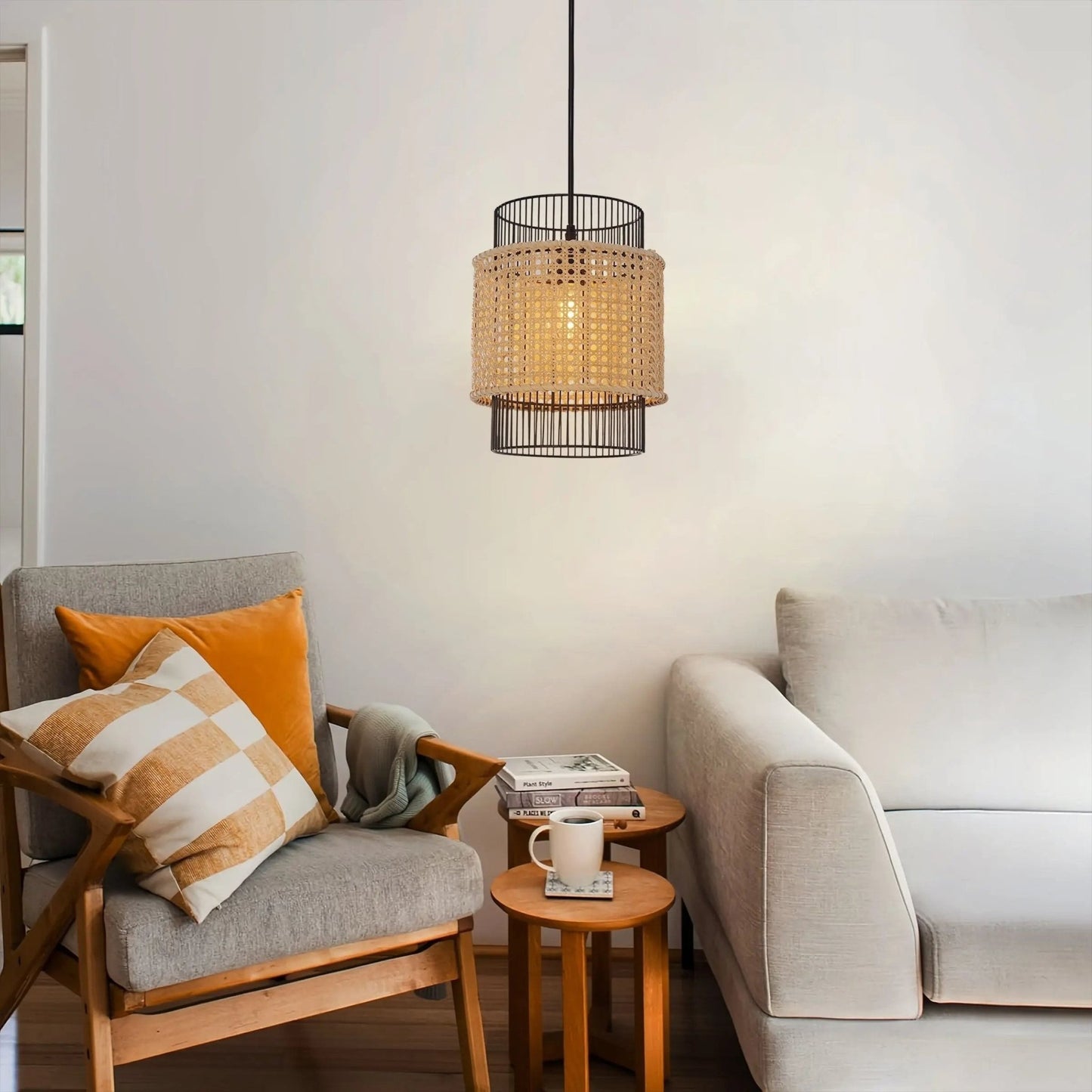 Lightsin Elegant Black Frame with Handwoven Rattan Pendant Light - House Comfort