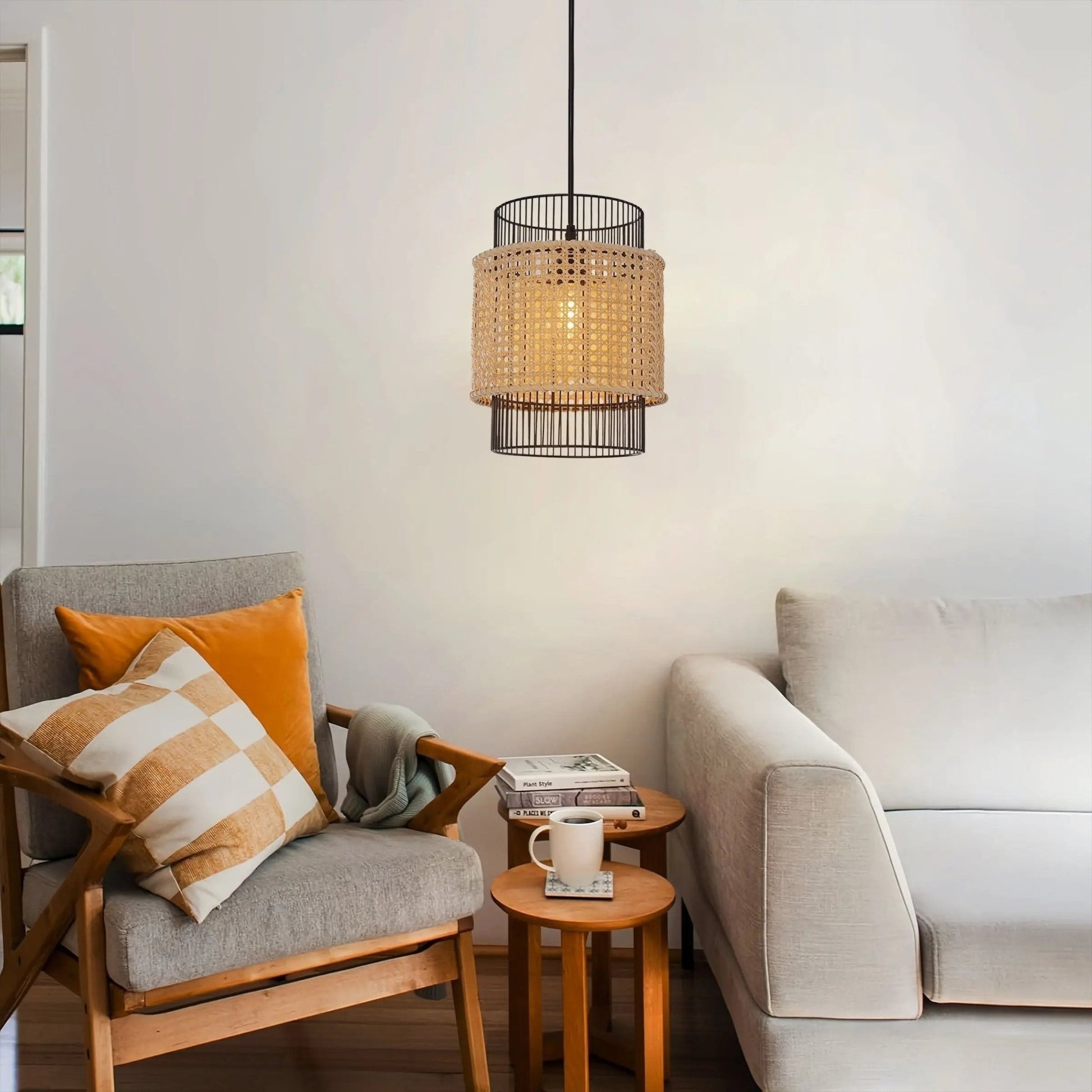 Lightsin Elegant Black Frame with Handwoven Rattan Pendant Light - House Comfort