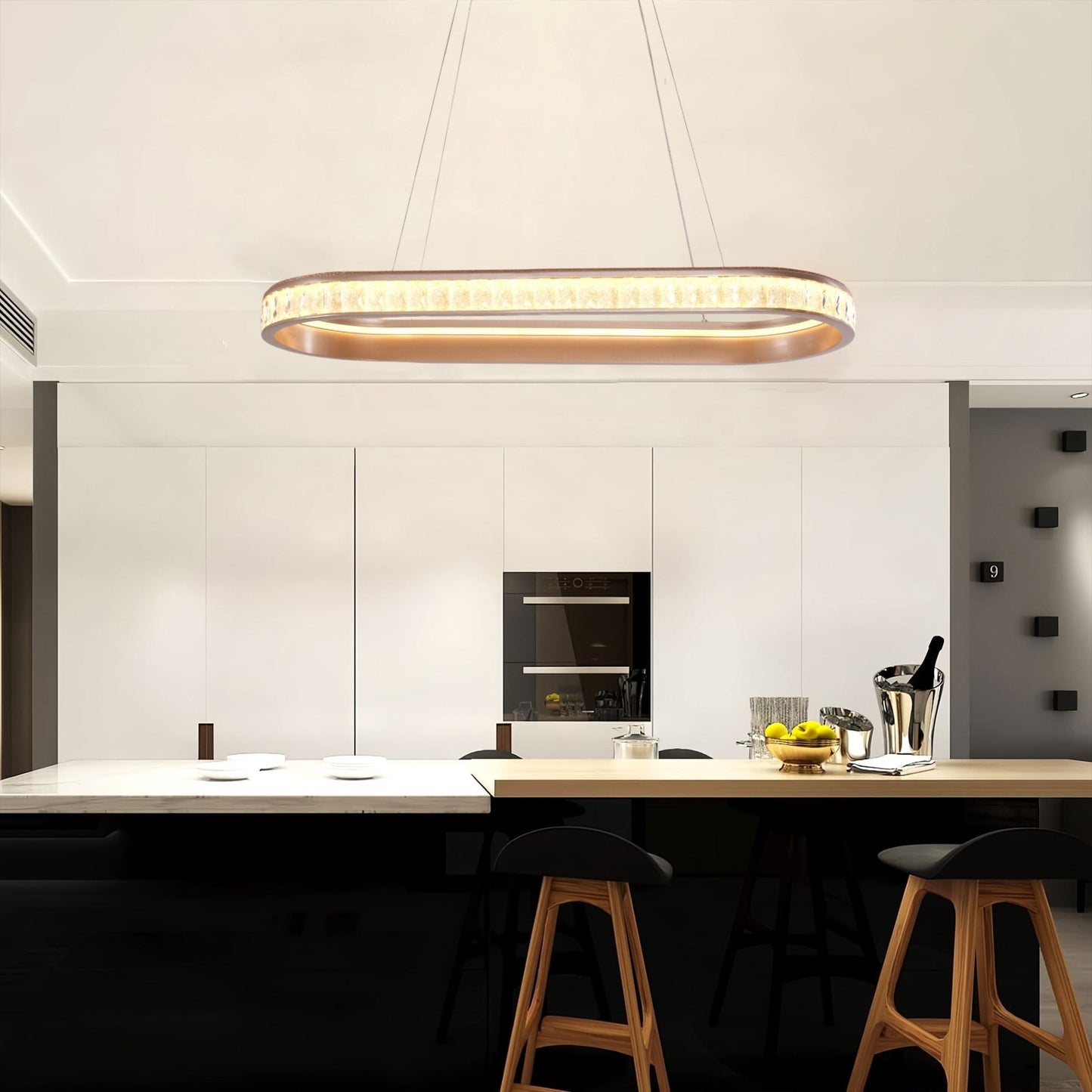 Lightsin Elegant Champagne Gold Oval Pendant Light with Crystal Accents - House Comfort