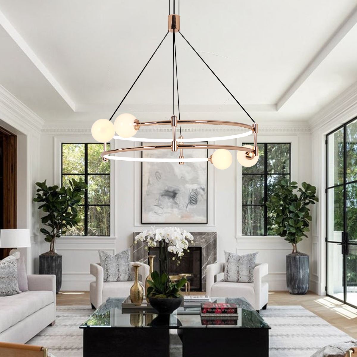 Lightsin Elegant Gold Double - Ring Halo Chandelier with Tri - Color LED Lighting - House Comfort