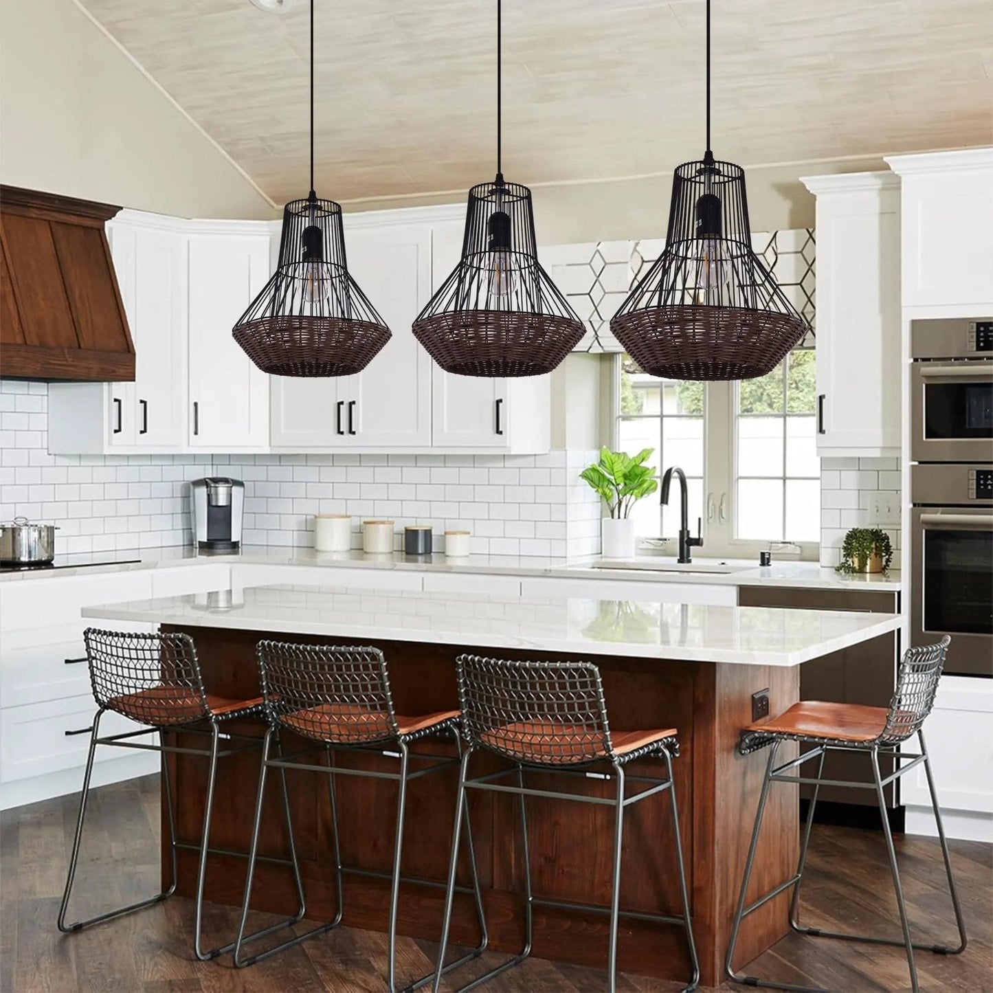 Lightsin Geometric Rattan and Iron Pendant Light for Dining, Kitchen, and Living Rooms - House Comfort