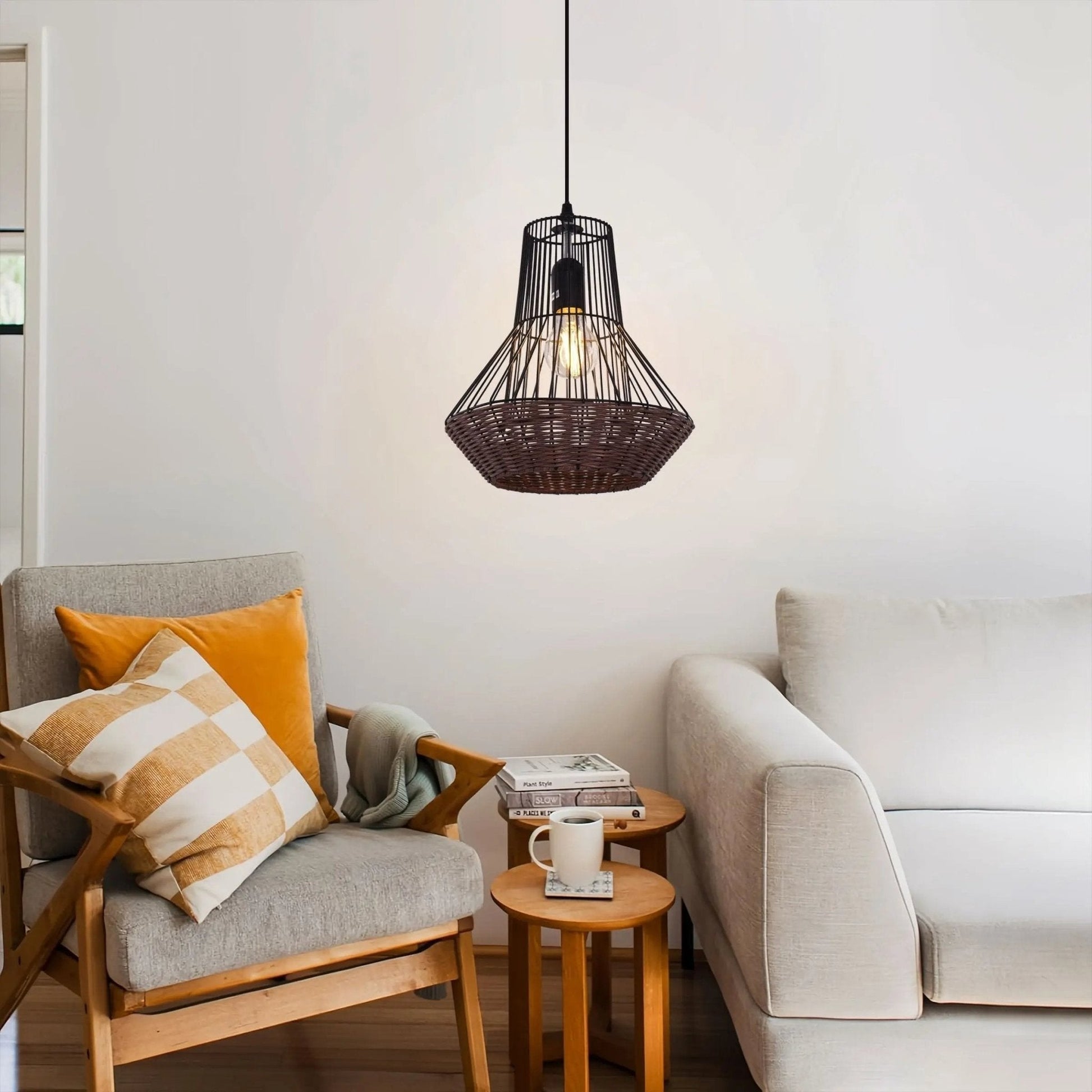 Lightsin Geometric Rattan and Iron Pendant Light for Dining, Kitchen, and Living Rooms - House Comfort