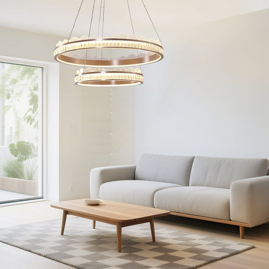 Lightsin Golden Crystal Dual - Ring LED Pendant Light in Modern Aluminum Design - House Comfort