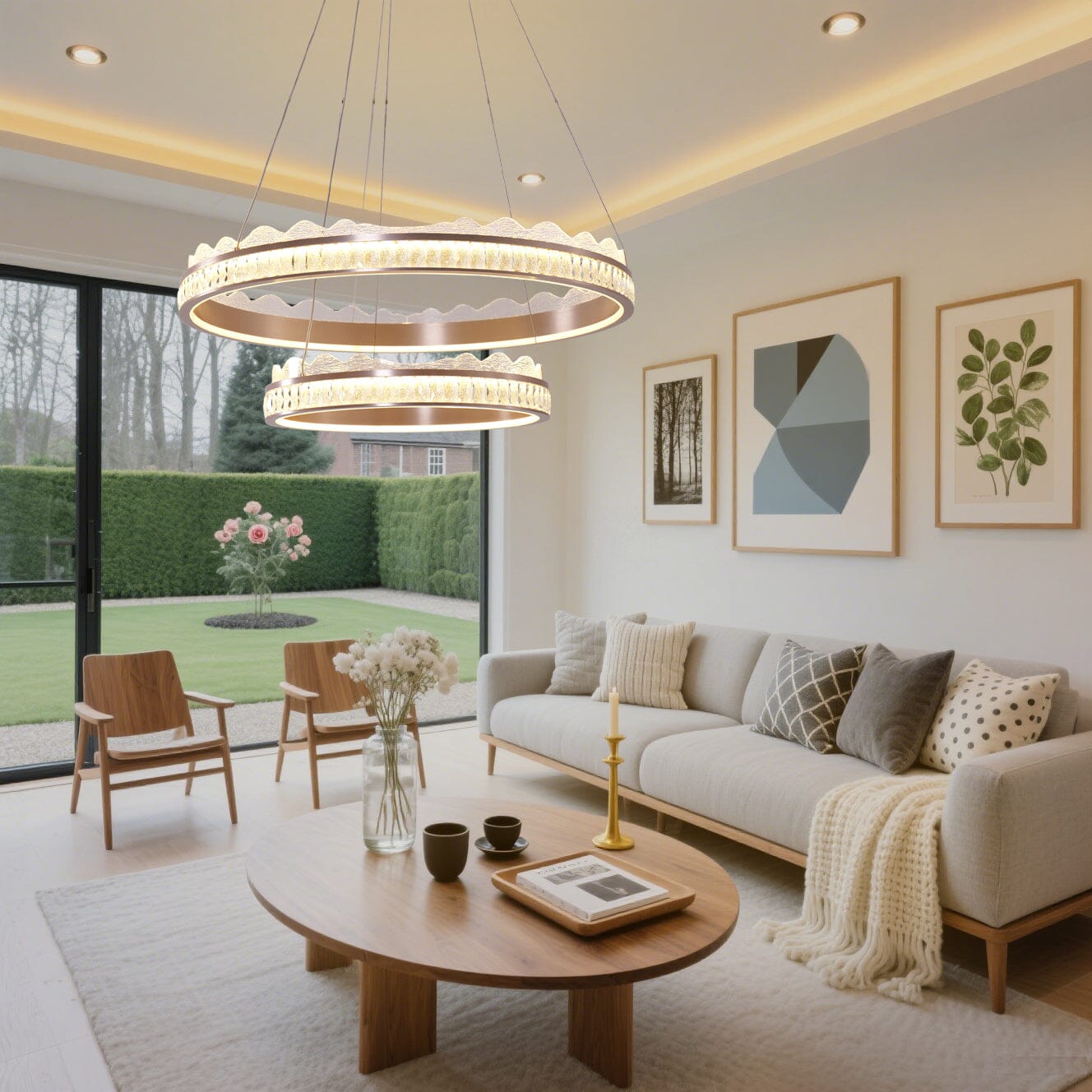Lightsin Golden Crystal Dual - Ring LED Pendant Light in Modern Aluminum Design - House Comfort