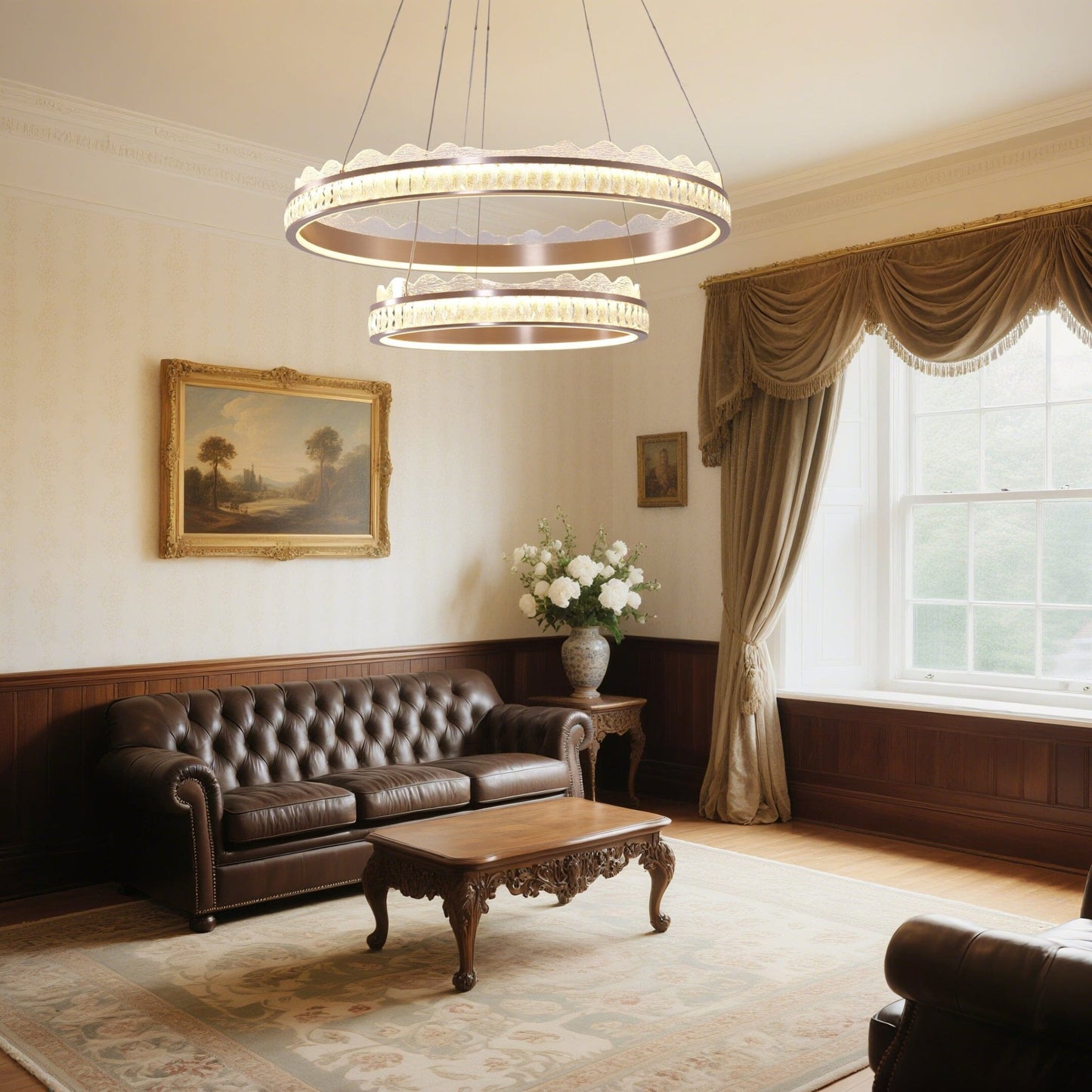 Lightsin Golden Crystal Dual - Ring LED Pendant Light in Modern Aluminum Design - House Comfort