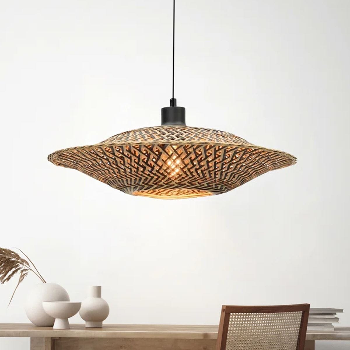 Lightsin Handcrafted Bamboo Pendant Light – Black Accents & Eco - Friendly Design for Cozy Spaces - House Comfort