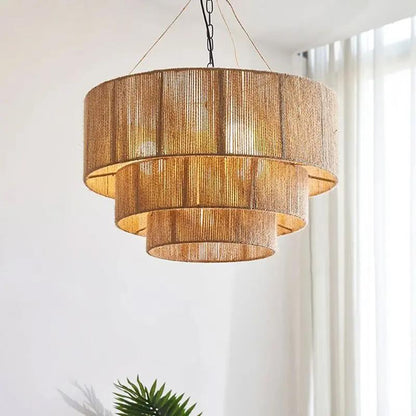 Lightsin Handcrafted Large 3 - Tier Hemp Rope Pendant Light - House Comfort