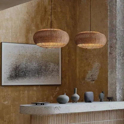 Lightsin Handcrafted Rattan Pendant Light in Flat Round Basket Shape - House Comfort