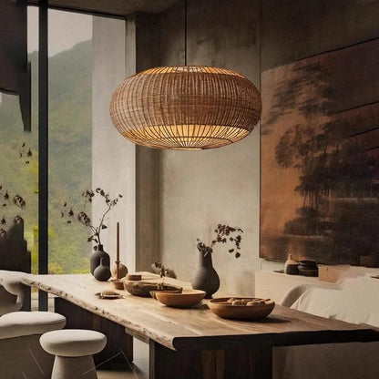 Lightsin Handcrafted Rattan Pendant Light in Flat Round Basket Shape - House Comfort