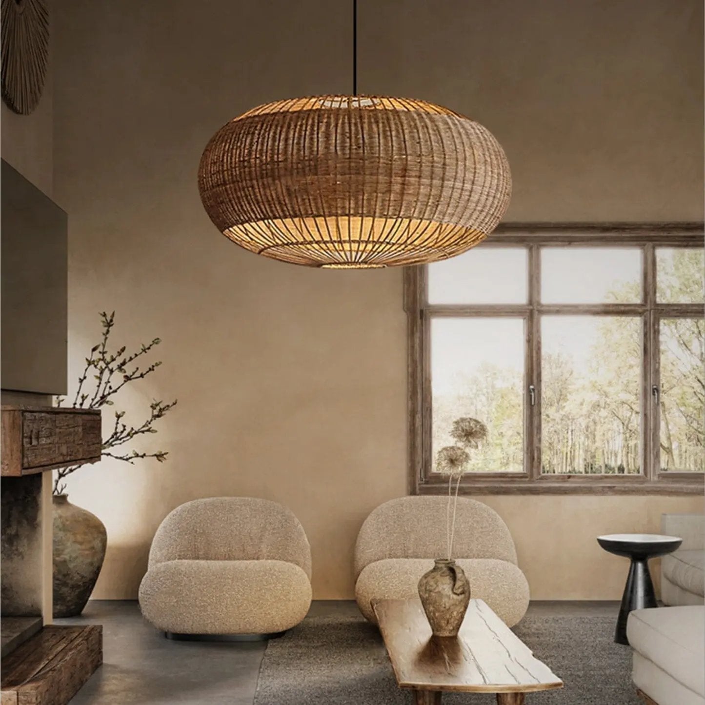 Lightsin Handcrafted Rattan Pendant Light in Flat Round Basket Shape - House Comfort