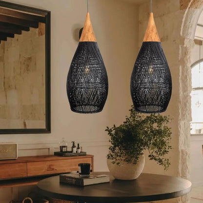 Lightsin Handcrafted Water - Drop Shaped Rattan and Wood Pendant Light - House Comfort