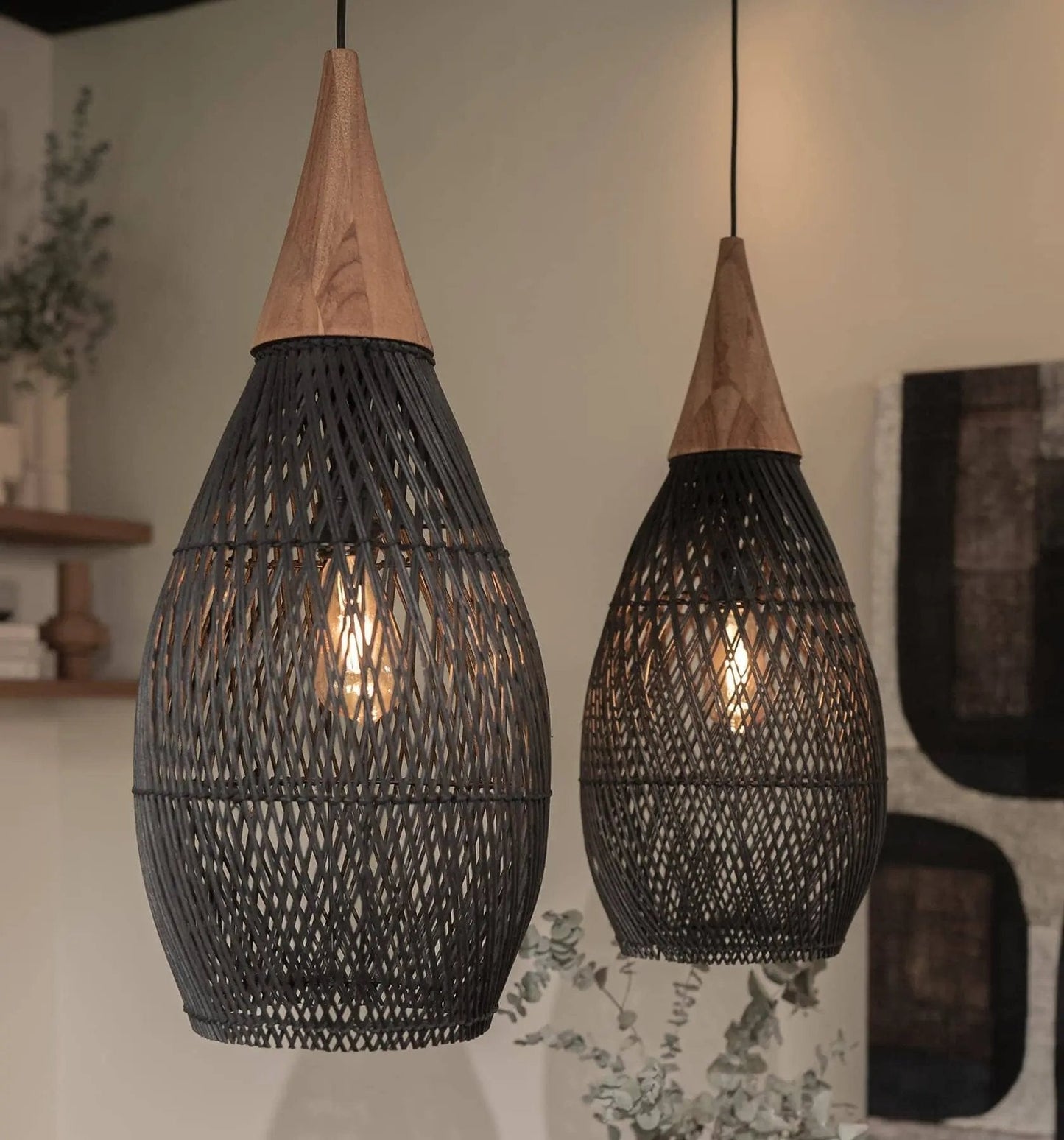 Lightsin Handcrafted Water - Drop Shaped Rattan and Wood Pendant Light - House Comfort