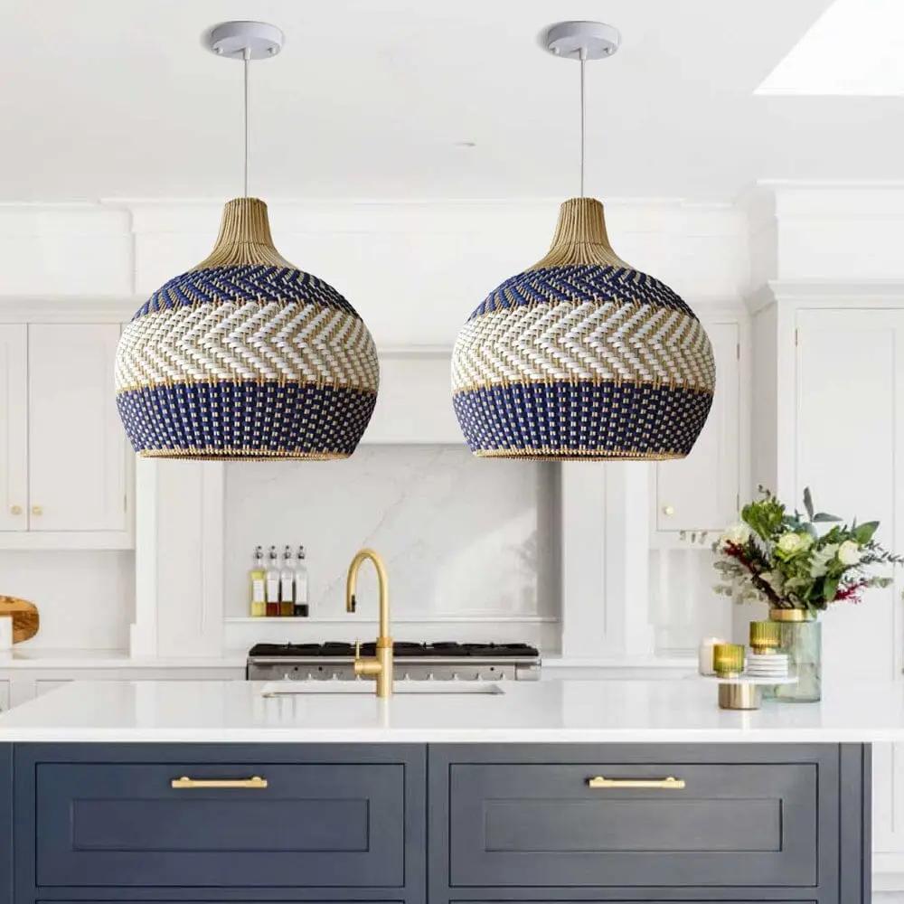 Lightsin Handwoven Blue and White Rattan Pendant Light - House Comfort
