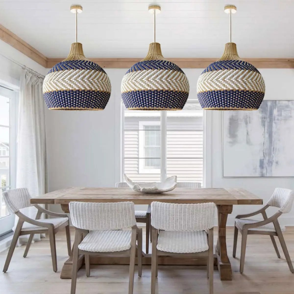 Lightsin Handwoven Blue and White Rattan Pendant Light - House Comfort