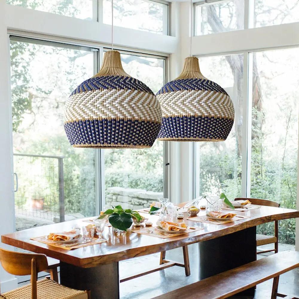 Lightsin Handwoven Blue and White Rattan Pendant Light - House Comfort