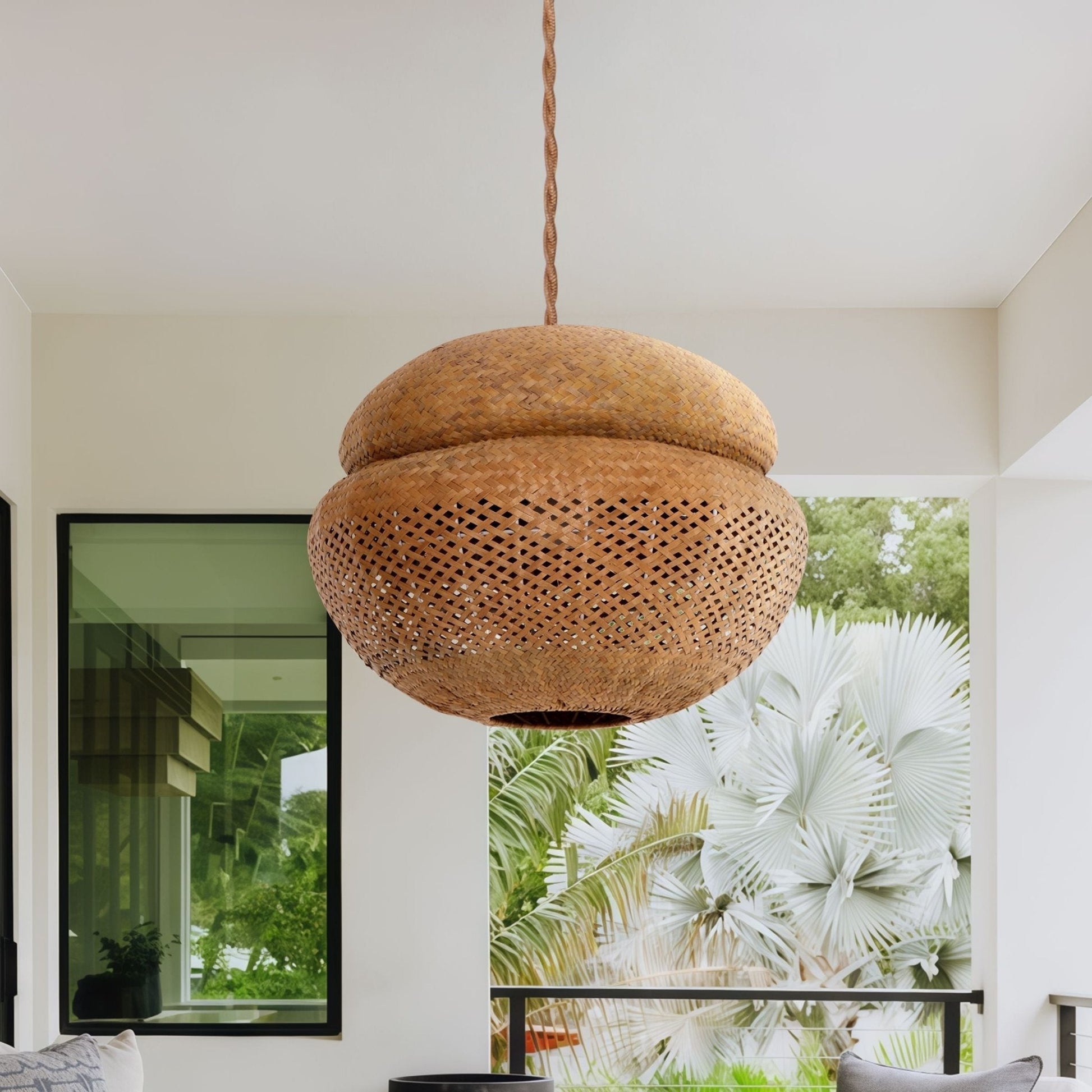 Lightsin Handwoven Natural Bulrush Pendant Ceiling Light with Pot Lid - Inspired Design - House Comfort