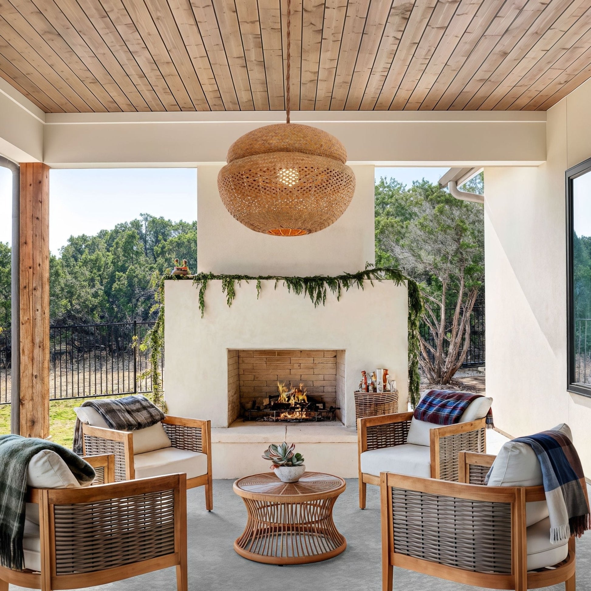 Lightsin Handwoven Natural Bulrush Pendant Ceiling Light with Pot Lid - Inspired Design - House Comfort