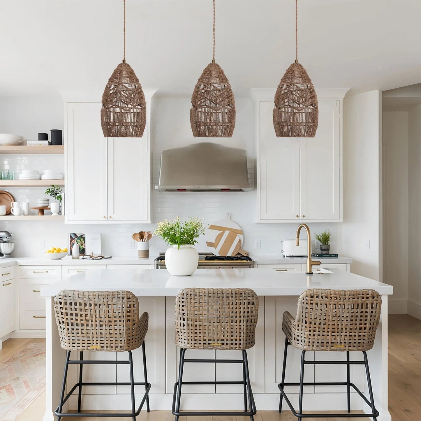 Lightsin Handwoven Rattan Bell Pendant Light for Dining Room Decor - House Comfort