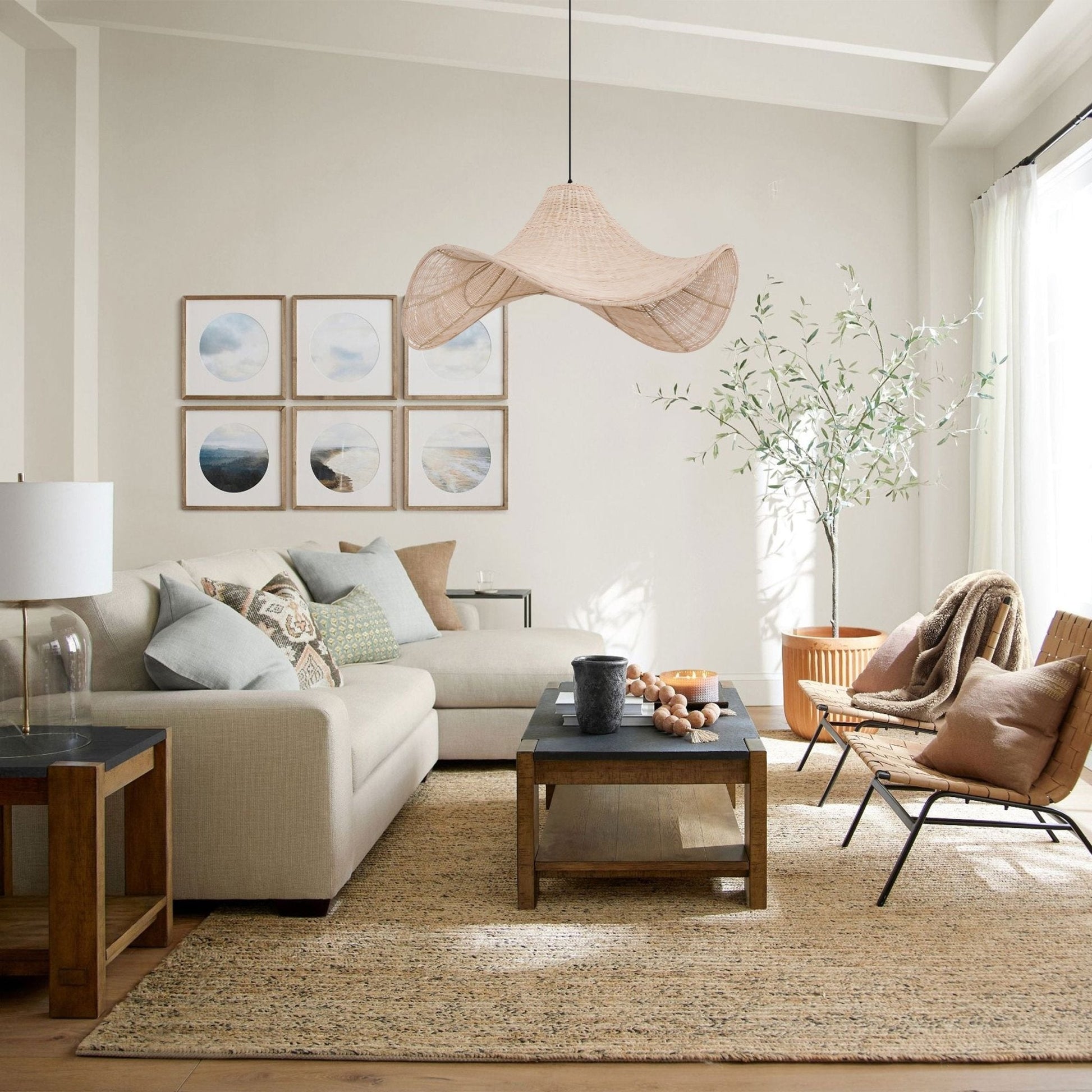 Lightsin Handwoven Rattan Pendant Light Natural & White Hat - Shaped Ceiling Light - House Comfort