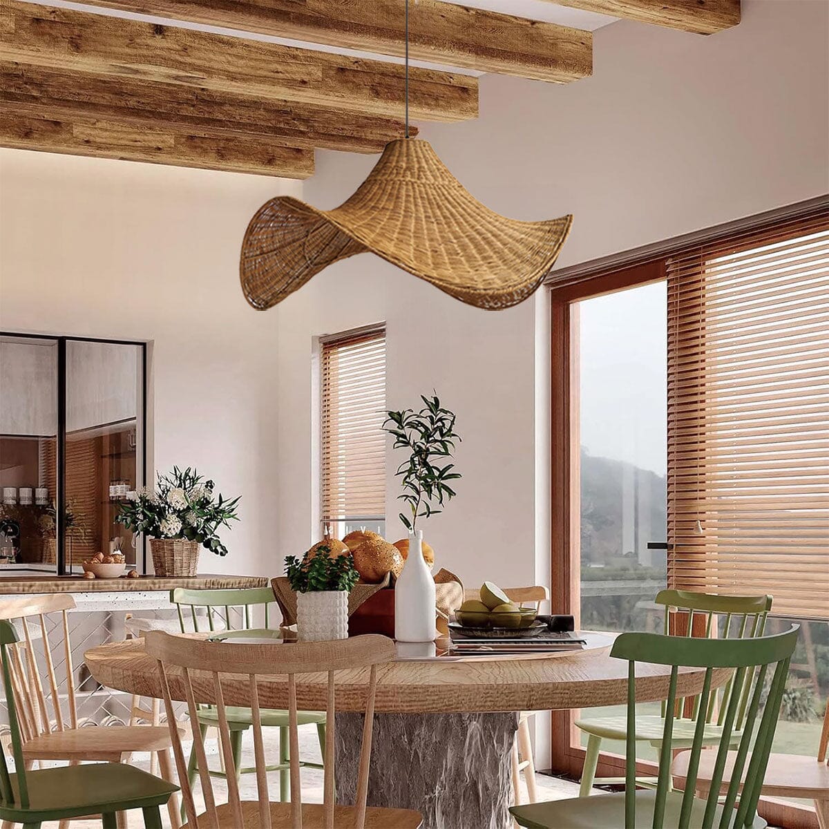 Lightsin Handwoven Rattan Pendant Light Natural & White Hat - Shaped Ceiling Light - House Comfort