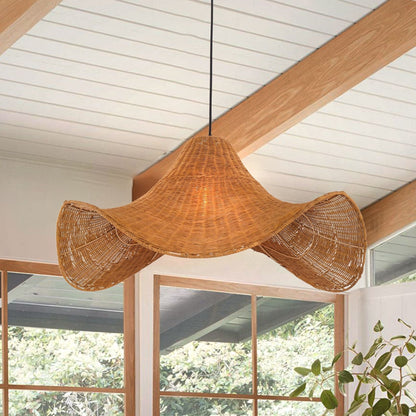 Lightsin Handwoven Rattan Pendant Light Natural & White Hat - Shaped Ceiling Light - House Comfort