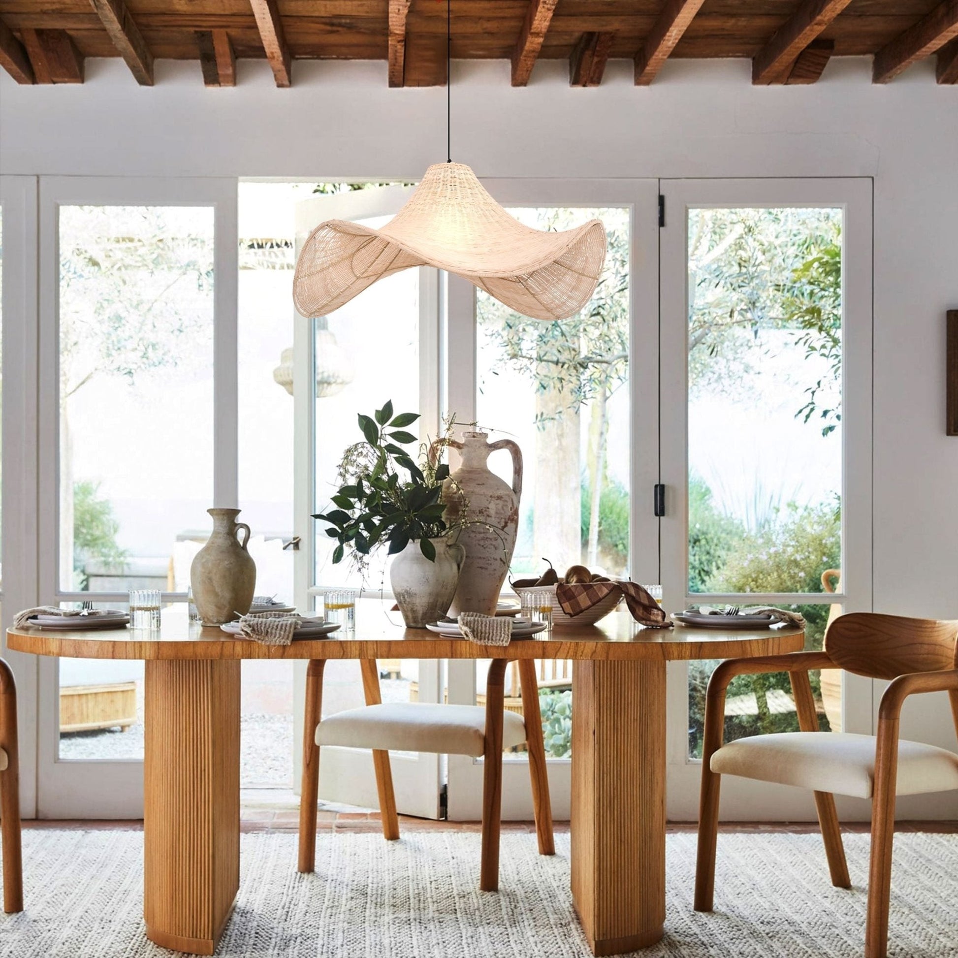 Lightsin Handwoven Rattan Pendant Light Natural & White Hat - Shaped Ceiling Light - House Comfort