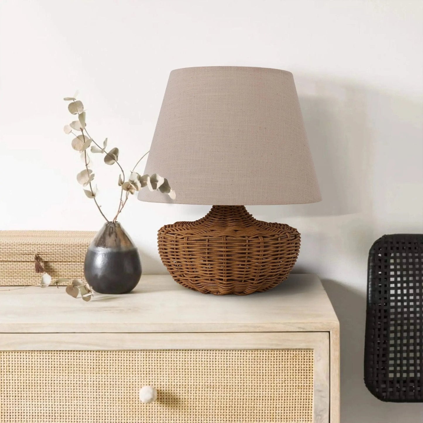 Lightsin Handwoven Rattan Table Lamp with Linen Shaded - House Comfort
