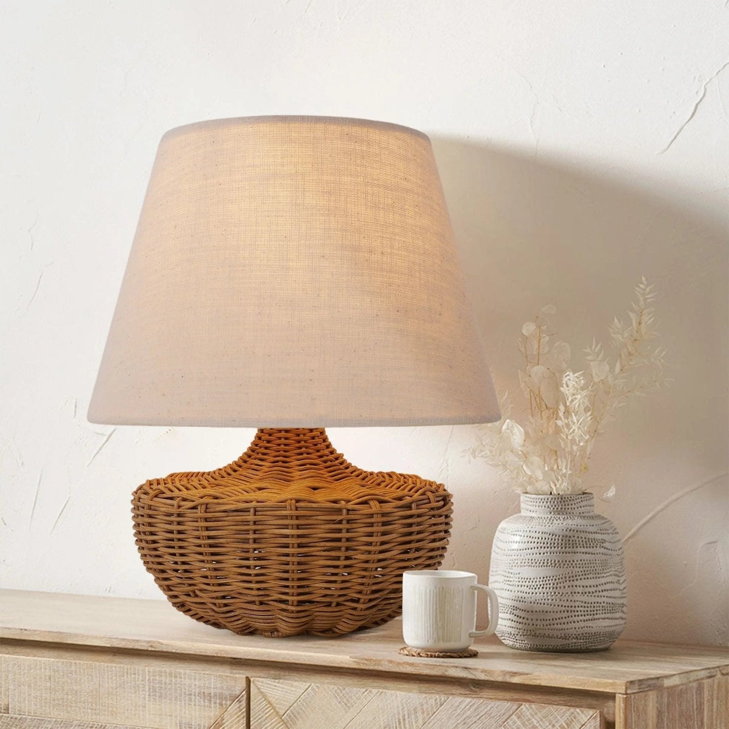 Lightsin Handwoven Rattan Table Lamp with Linen Shaded - House Comfort