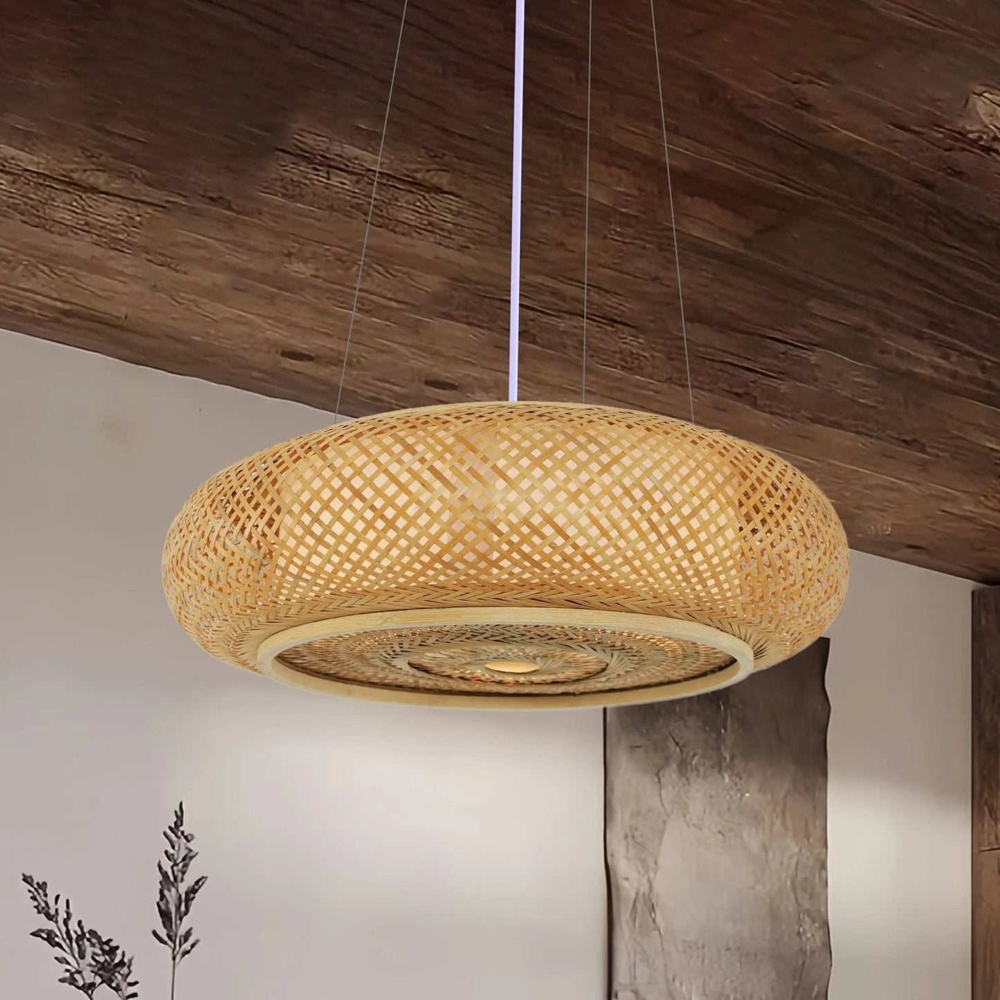 Lightsin Japanese - Style Bamboo Rattan Pendant & Ceiling Light – Flat Flush Mount or Hanging Fixture for Bedroom, Living Room & More - House Comfort