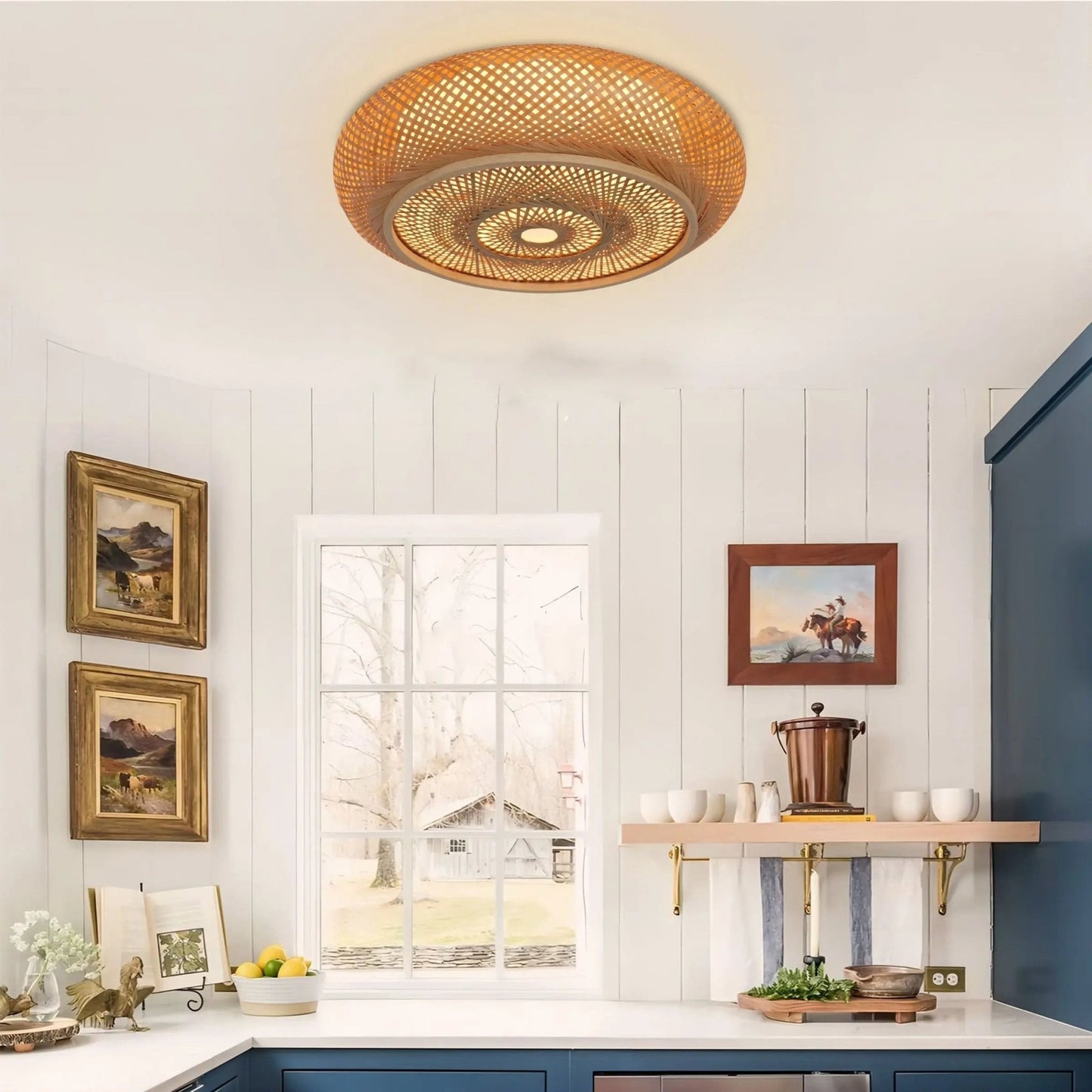 Lightsin Japanese - Style Bamboo Rattan Pendant & Ceiling Light – Flat Flush Mount or Hanging Fixture for Bedroom, Living Room & More - House Comfort