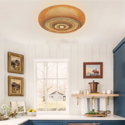 Lightsin Japanese - Style Bamboo Rattan Pendant & Ceiling Light – Flat Flush Mount or Hanging Fixture for Bedroom, Living Room & More - House Comfort