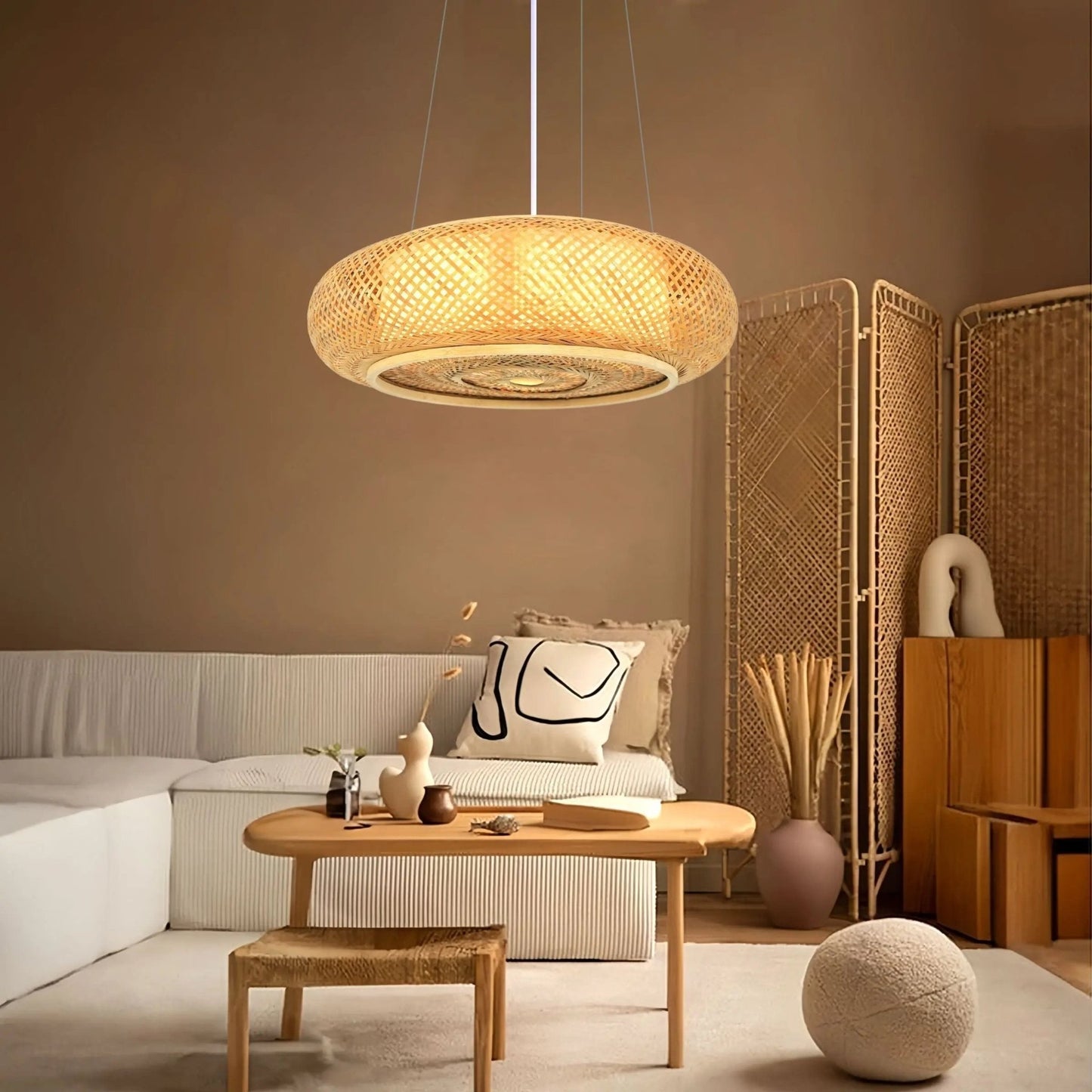 Lightsin Japanese - Style Bamboo Rattan Pendant & Ceiling Light – Flat Flush Mount or Hanging Fixture for Bedroom, Living Room & More - House Comfort