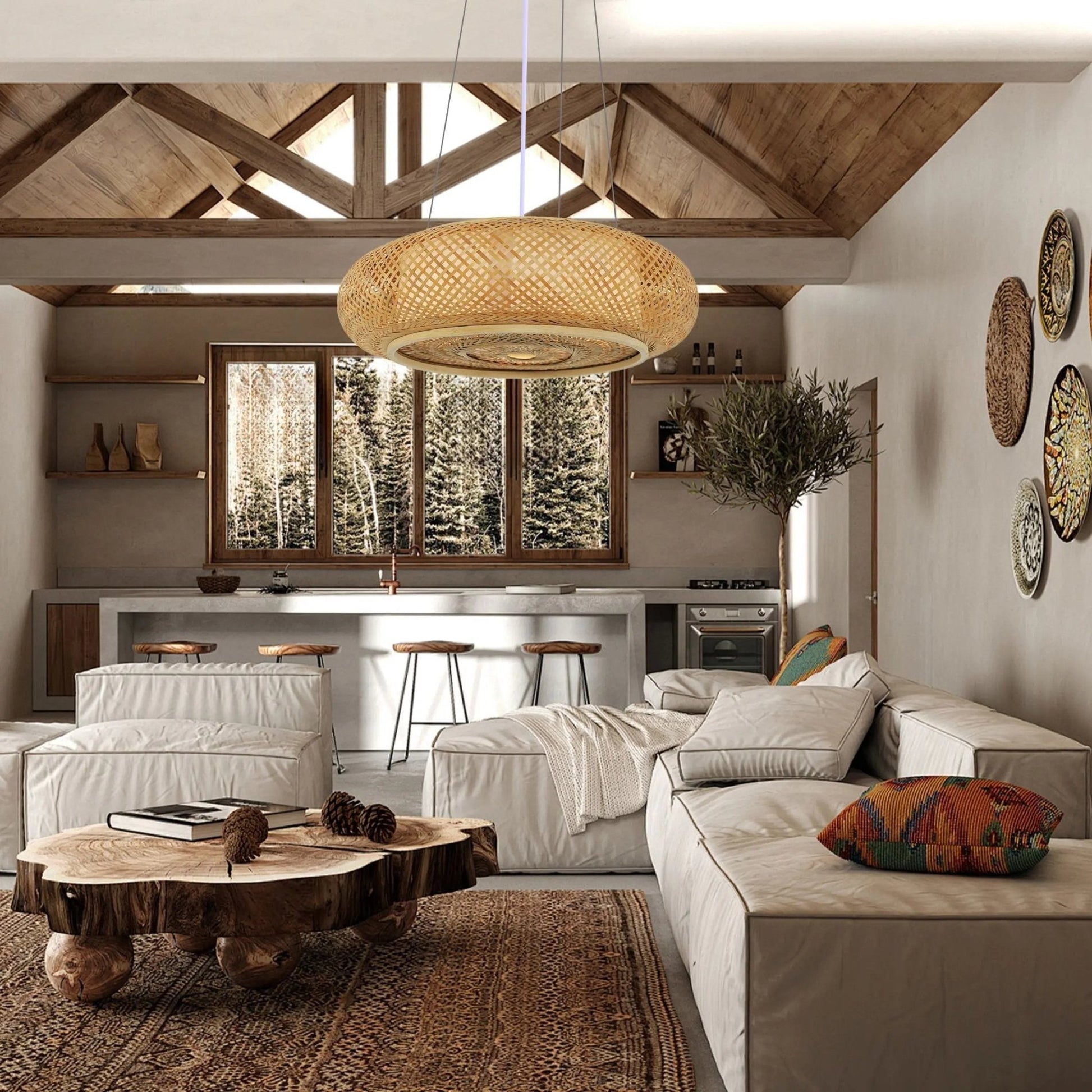 Lightsin Japanese - Style Bamboo Rattan Pendant & Ceiling Light – Flat Flush Mount or Hanging Fixture for Bedroom, Living Room & More - House Comfort