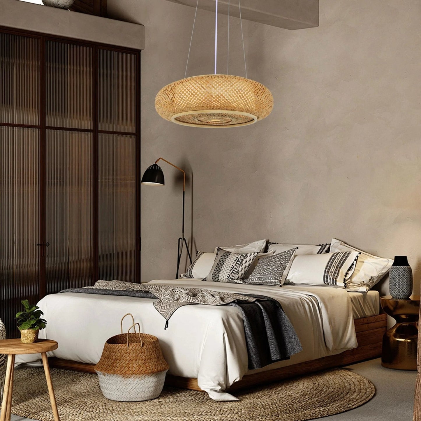 Lightsin Japanese - Style Bamboo Rattan Pendant & Ceiling Light – Flat Flush Mount or Hanging Fixture for Bedroom, Living Room & More - House Comfort