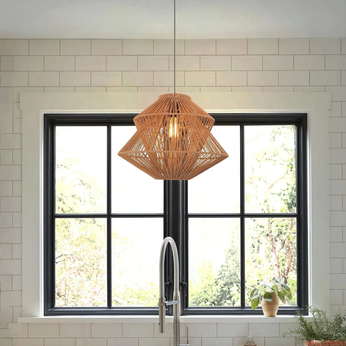 Lightsin Khaki Handwoven Paper Rope Pendant Light with Iron Frame - House Comfort