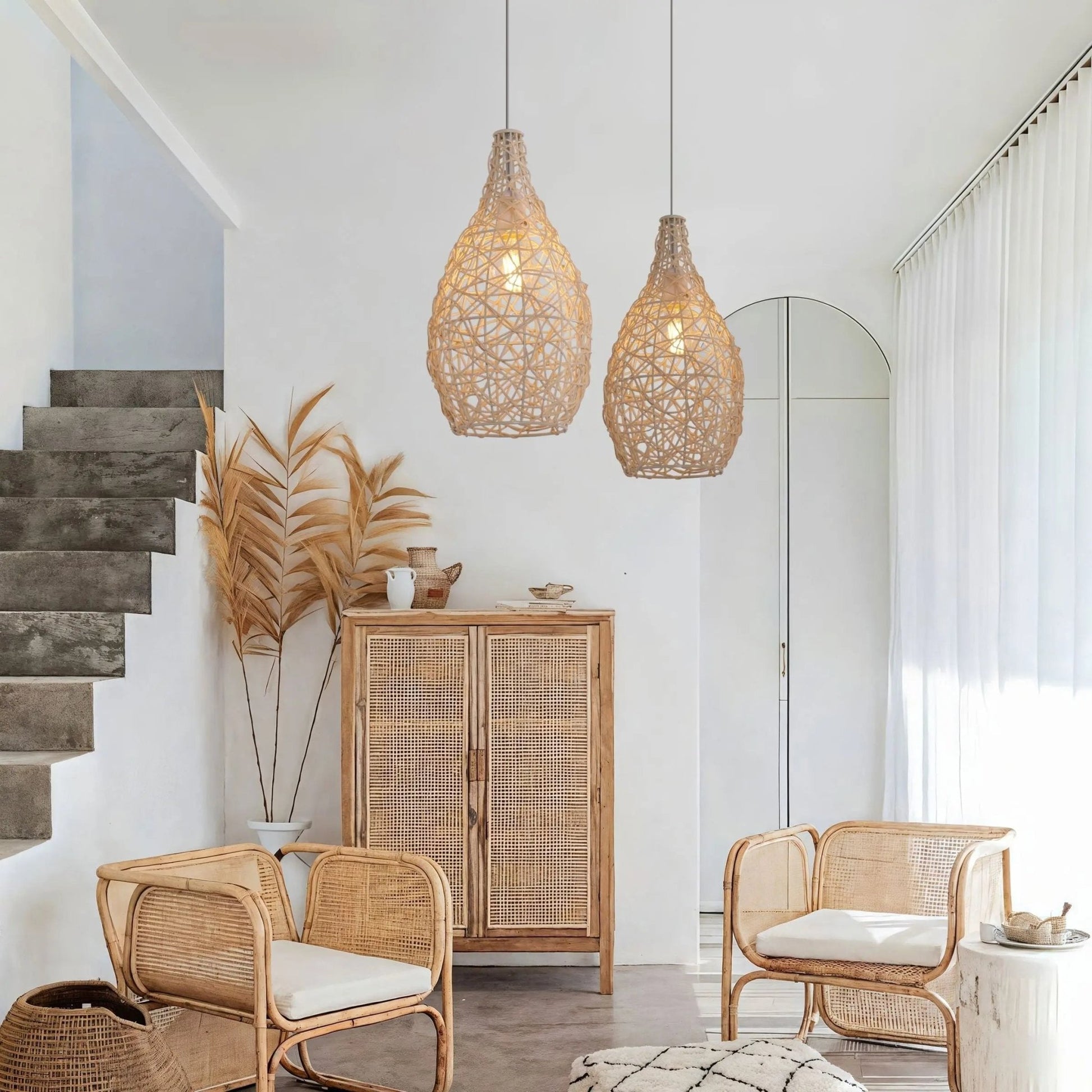 Lightsin Natural Rattan and Bamboo Pendant Light with Iron Frame - House Comfort