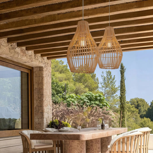 Lightsin Natural Rattan and Bamboo Pendant Light with Iron Frame - House Comfort