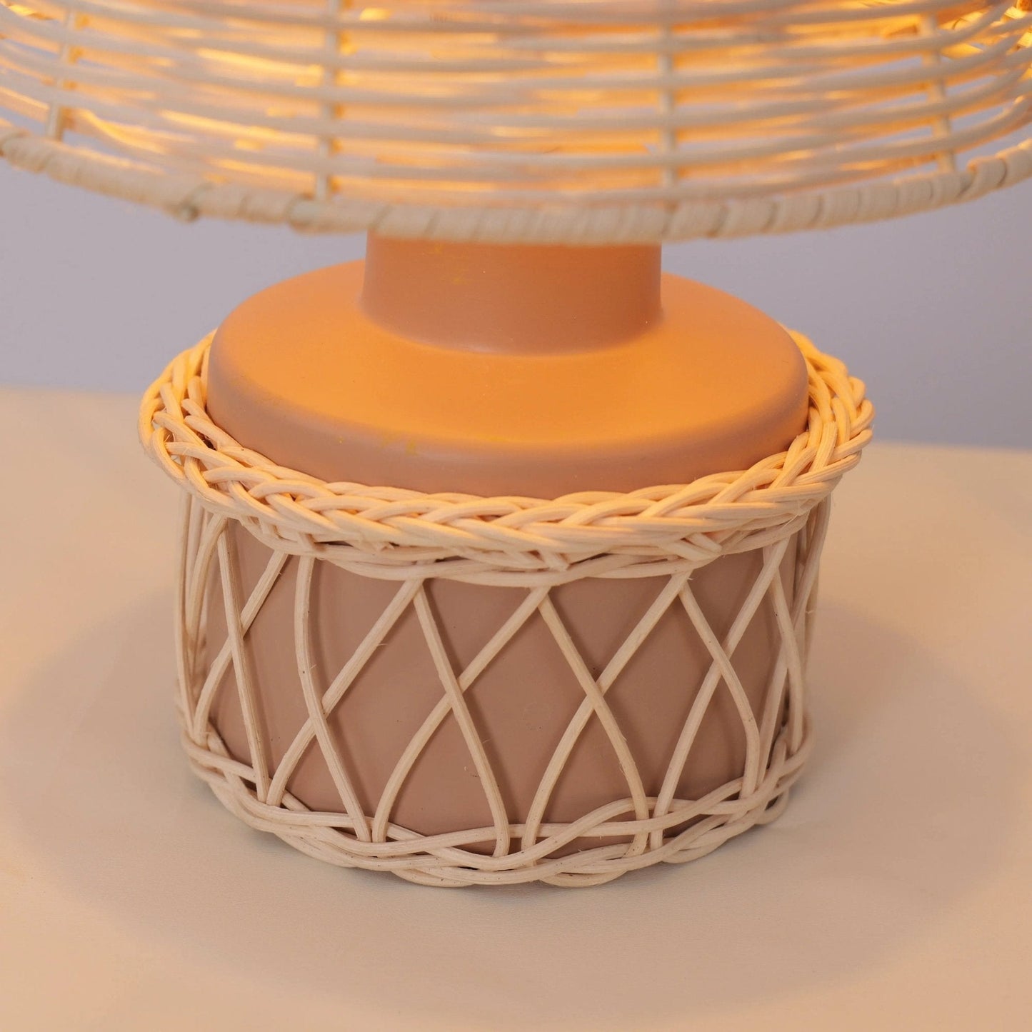 Lightsin Natural Rattan Table Lamp with Pink Wood Base for Bedroom and Living Room - House Comfort